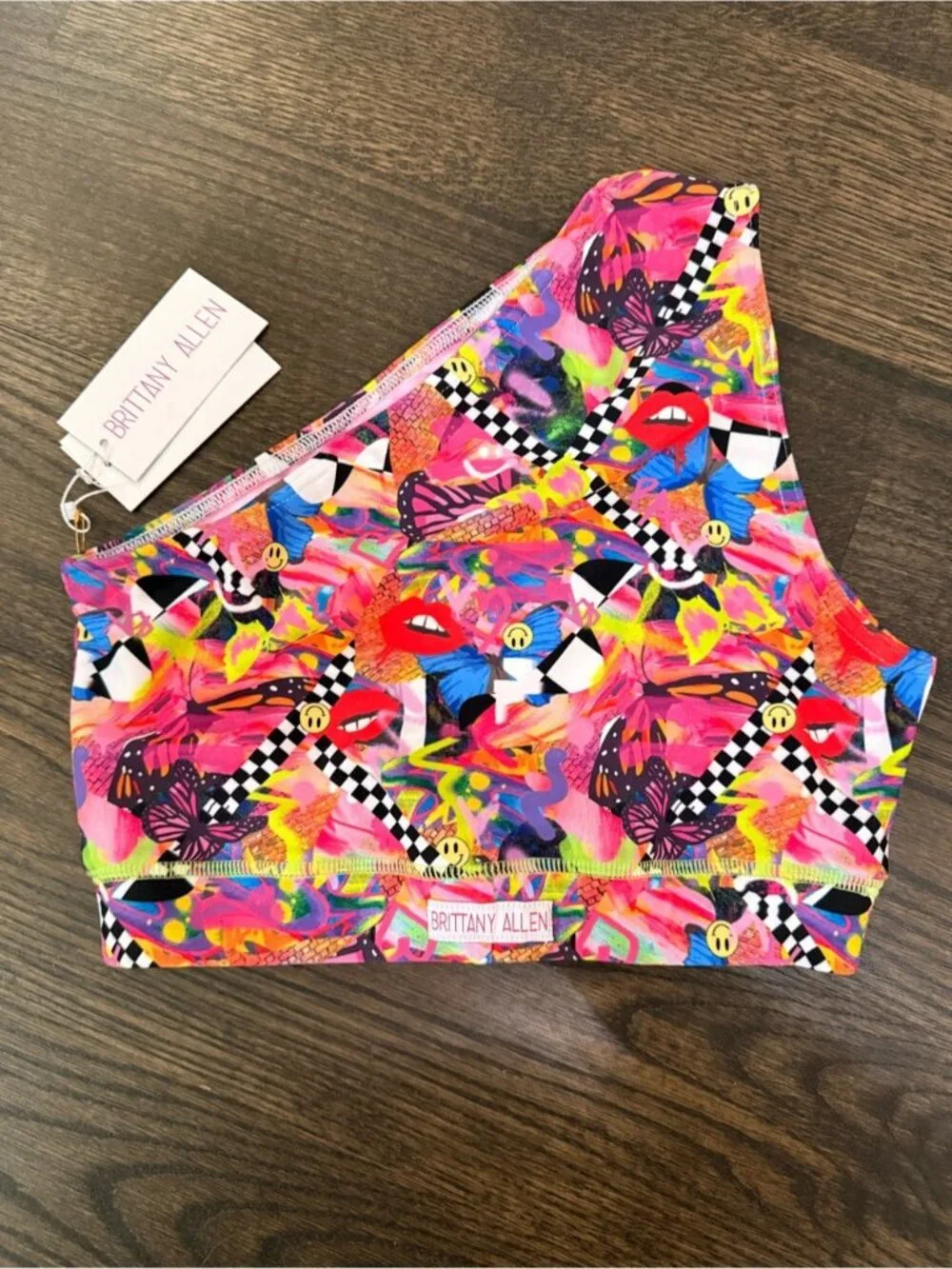 NWT Brittany Allen One-Shoulder Neon Pop Art Sports Bra size S - Picture 4 of 5